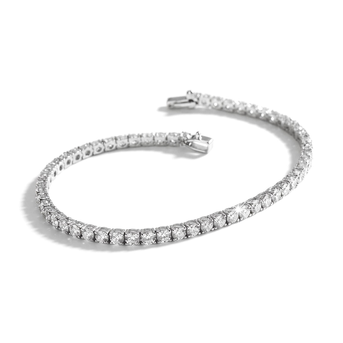 Lab-grown moissanite tennis bracelet in 925 sterling silver laid on white (illustrative render)