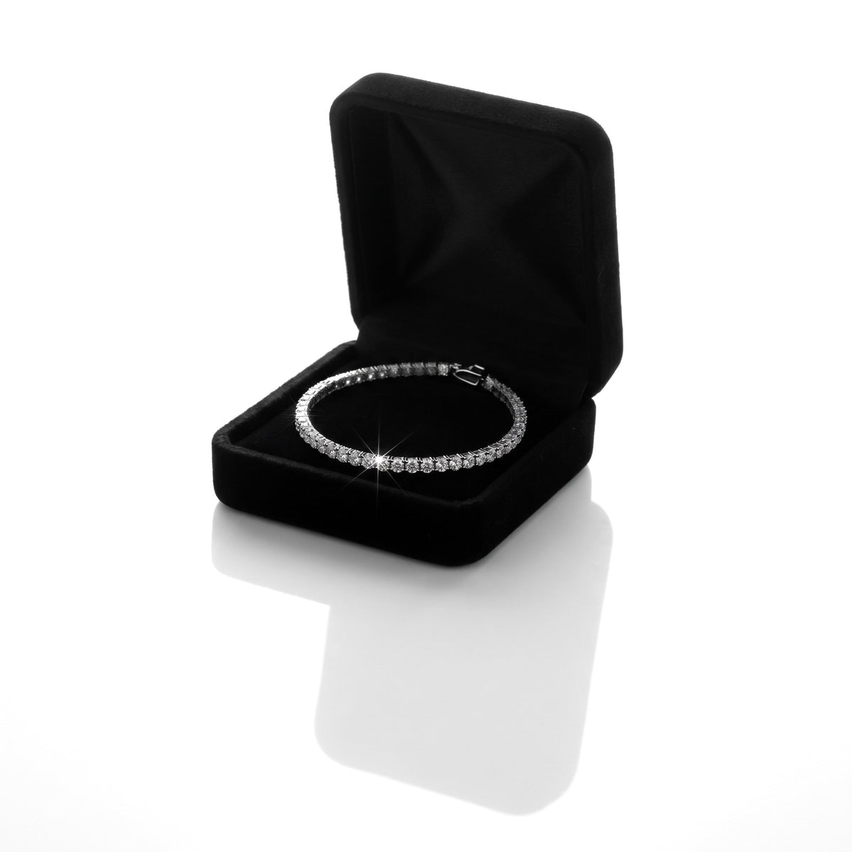 Lab-grown moissanite tennis bracelet in an open black velvet gift box (illustrative render)